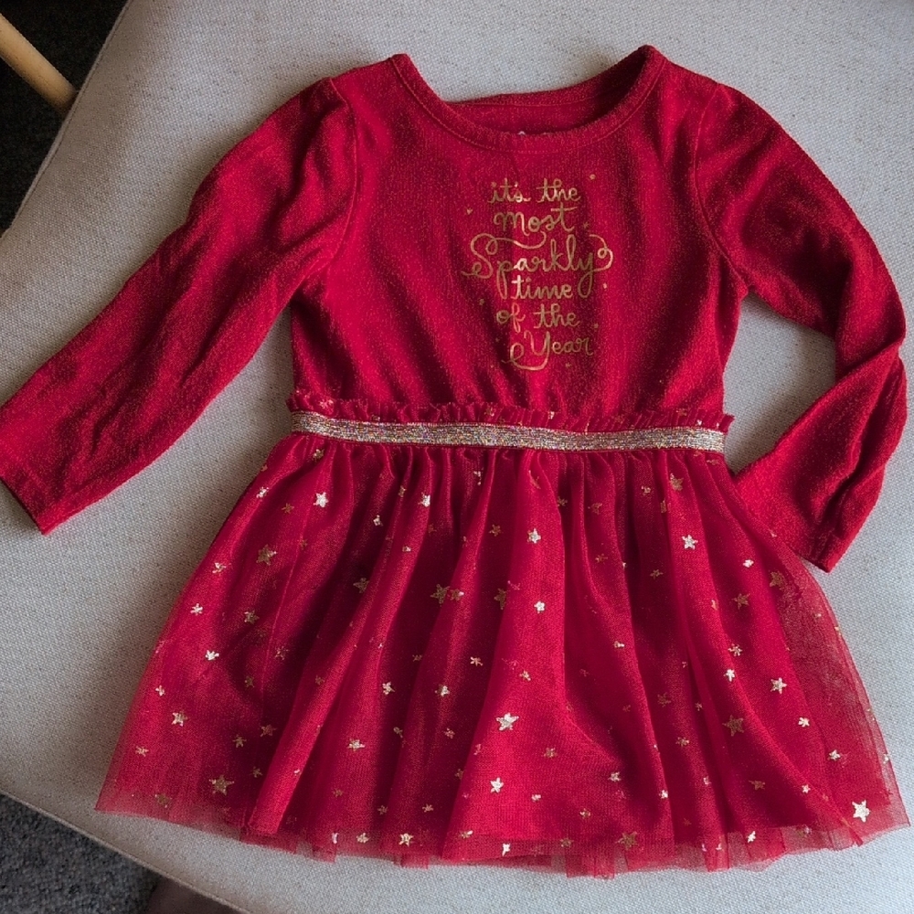 Red Long Sleeve Dress with Gold Star Details